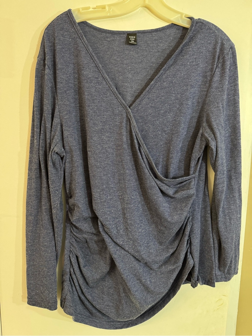 SHEIN Heathered Slate Blue Wrap Ruched Long Sleeve Top